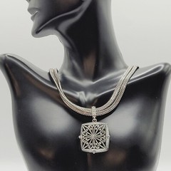 Napier Two Chain with Square Floral Filigree Ornate Silver Tone Pendant Necklace