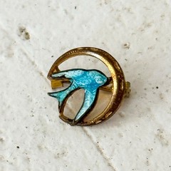 Antique Guilloché Enamel Swallow Bird Brooch Gold Tone Victorian Petite 0.5”