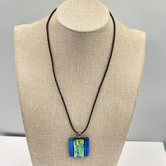 Vintage Dichroic Fused Glass Pendant Necklace Iridescent Blue Green Black Cord