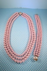 Vintage Pink Faux Pearl 3-Strand Necklace & Bracelet Set 1950s 1960s