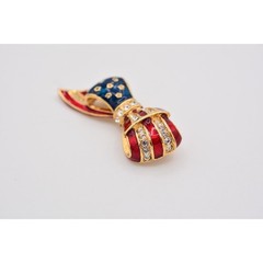 Carolee Vintage American Flag Bow Pin Brooch Pave Crystal Gold Signed 80s BinAP