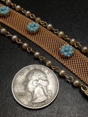 Vintage 1960’s Gold Mesh Faux Turquoise And Pearls Bracelet 7 Inches