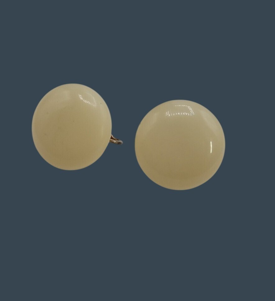 Vintage Marvella Faux Pearl Button Clip On Earring 1″D Ivory Lucite Gold Tone