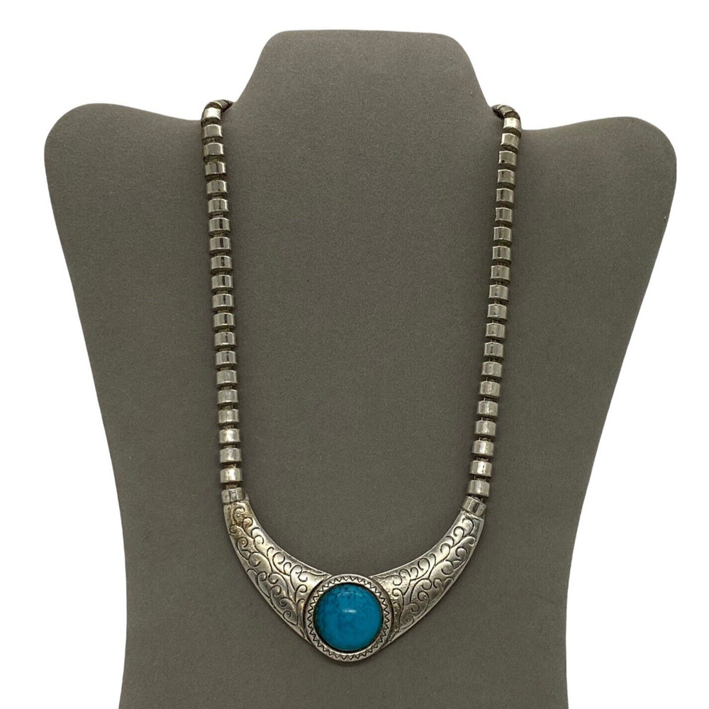 BIB 20” Necklace Silver Metal Bead Turquoise Plastic Stone Fashion Jewelry Gift