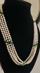 Vintage 4 Layered Ivory Pearl Green Glass Crystal Pave Clasp Beaded 24” Necklace