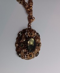 Vtg Western Germany Necklace Smoky Art Glass Faux Pearl Rhinestone Ornate 24″