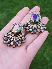 Vtg Hollycraft 1956 Peacock Blue Ab Clip Earrings Iridescent Glass Articulated
