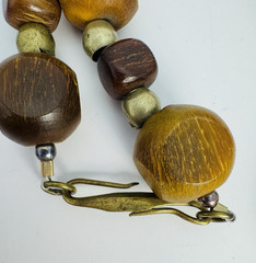 Vintage Brass Pendant Necklace Large Tribal Style Medallion Wood Metal Beads 30″