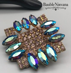 Vintage AB Iridescent Peacock Blue/Green Stones&Brown Square Pin&Earrings Set