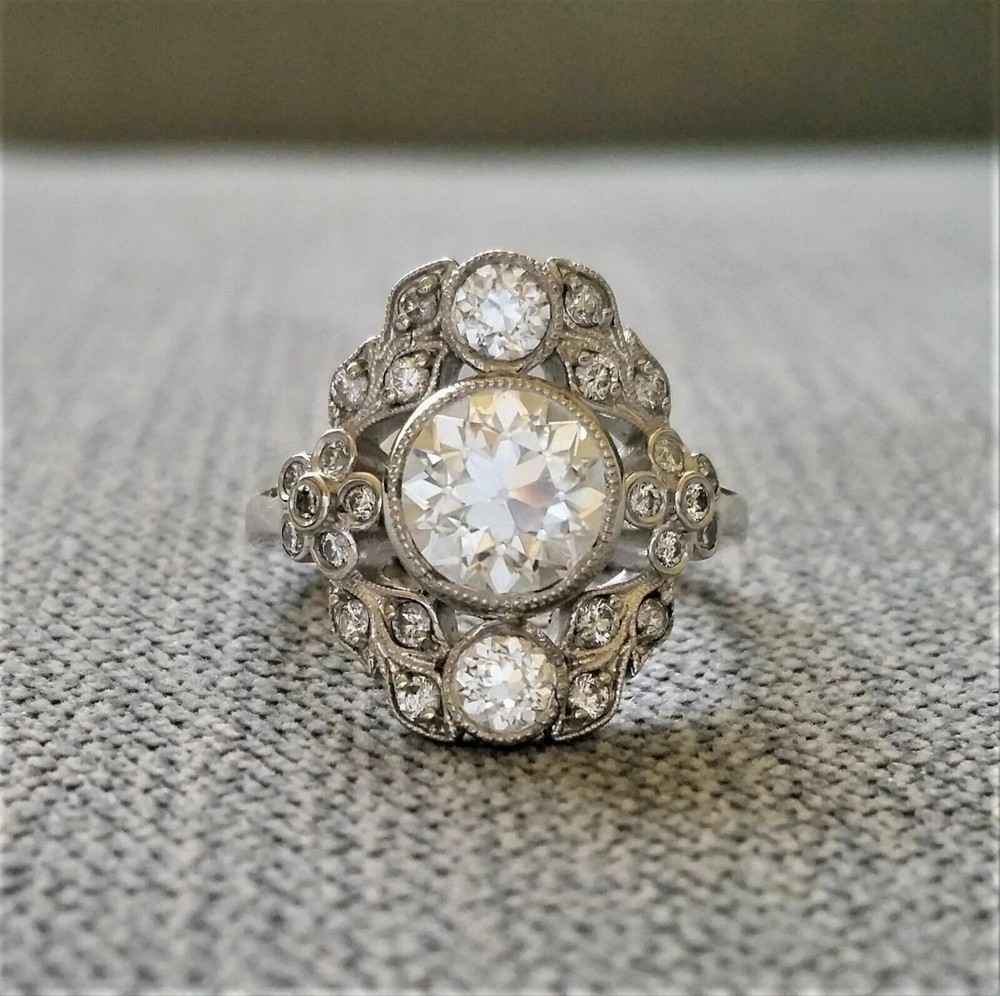 14K White Gold FN Art Deco Style Round Cut Lab Created Diamond Engagement Ring