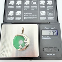 Vintage Crescent Man in the Moon Sterling Silver And Jade Jadiete Pendant NOS
