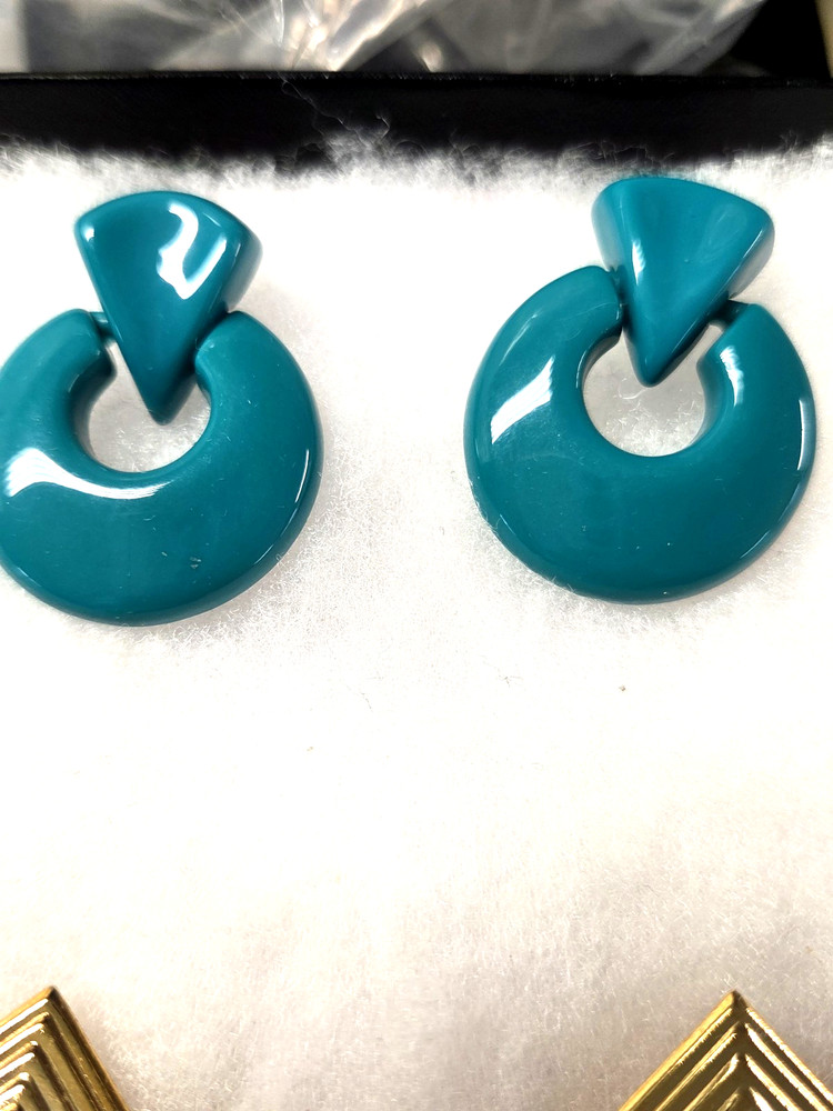 Vtg teal blue lucite door knocker pierced Earrings
