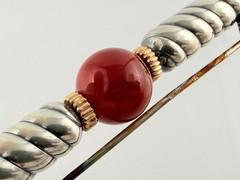 Vintage NR Signed Sterling Silver and 14kt Gold Carnelian Bead Bar Brooch Pin