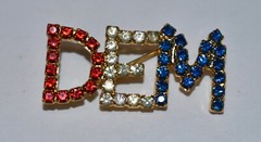 VINTAGE PATRIOTIC DEM PIN BROOCH GOLD METAL RHINESTONES RED WHITE BLUE