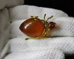 Vintage Natural Baltic Amber Beetle Brooch USSR Gold-Plated Pin 1962s