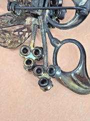 Art Deco Revival Brass Filigree Pin Open back Green Rhinestones Czech style