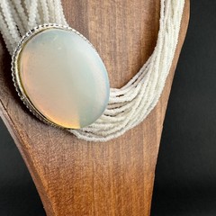 Vintage Seed Bead Opalite Necklace Multi Strand Large Oval Station Pendant 17″