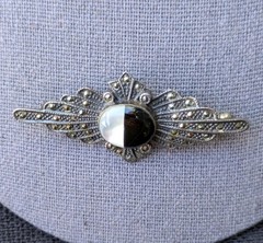Vintage 925 Sterling Silver Marcasite Black & White Brooch Pin MOP Stone F3