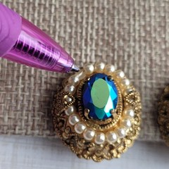 West German Filigree Blue AB Rhinestone Faux Pearl Clip On Earrings READ