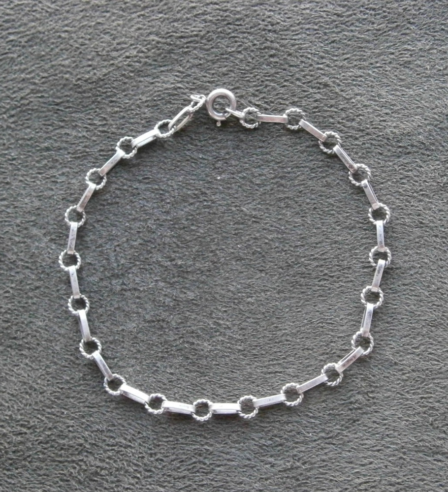 Dainty Textured Bar & Rope Link Chain Vtg 800 Silver Charm Bracelet 7.5″ ~ 2.5g