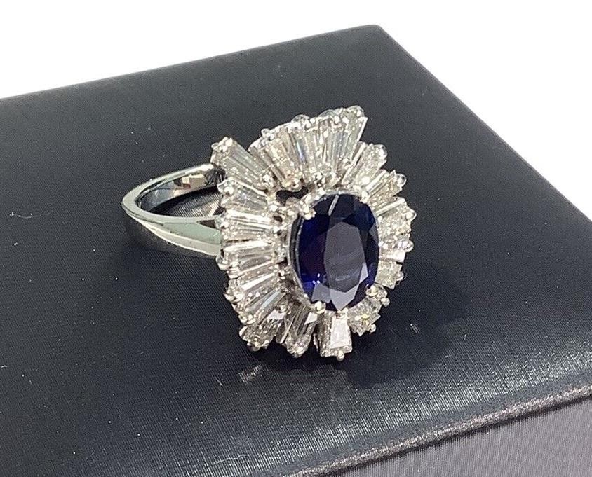18K White Gold 2.95ctw Oval Sapphire & Tapered VS Baguette Diamond Ring