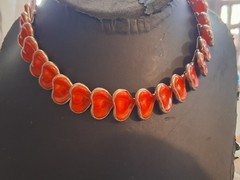 Vintage red celluloid stylized leaf abstract necklace, 16″, articulated