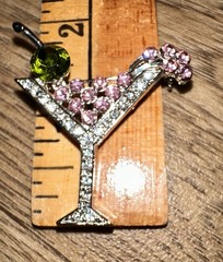 VTG Silver Tone Martini Brooch Green Pink Clear Rhinestones Cocktail Pin 2.0″