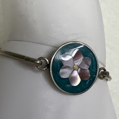 Vintage Dainty Mother of Pearl Flower Bangle Bracelet signed Alpaca