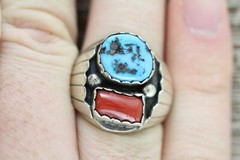 VINTAGE MEN’S INDIAN NATIVE AM STERLING SILVER 925 TURQUOISE CORAL RING 9.75