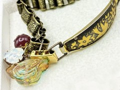 Vintage Damascene, Faux Opal Charms & Book Chain Links Bracelet Integrated w New