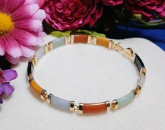 Vintage SOLID 14KT Gold Multi Color Jadeite Jade 11-Panel Link Bracelet~ 8-1/4″
