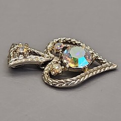 Vtg Heart Pendant Dangle AB Rhinestone Gold Tone 1 5/8″