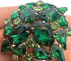 Designer Set Brooch Pin Earrings Green Rhinestone Unsigned Antique MCM
