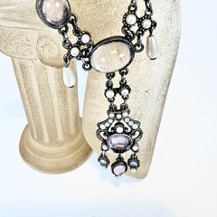 Vintage Moonstone Rhinestone Simulated Pearl Necklace Victorian Poured Glass