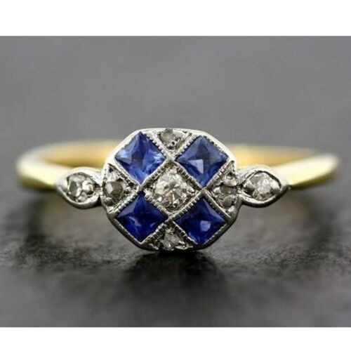 2.20 Ct Diamond & Sapphire Art Deco Vintage Engagement Ring 14K Yellow Gold FN