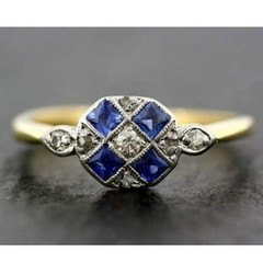 2.20 Ct Diamond & Sapphire Art Deco Vintage Engagement Ring 14K Yellow Gold FN