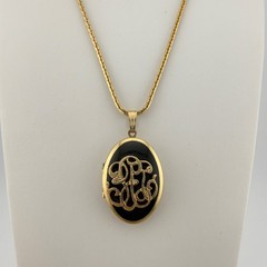 Vintage Gold Tone Black Oval Monogram Locket Necklace