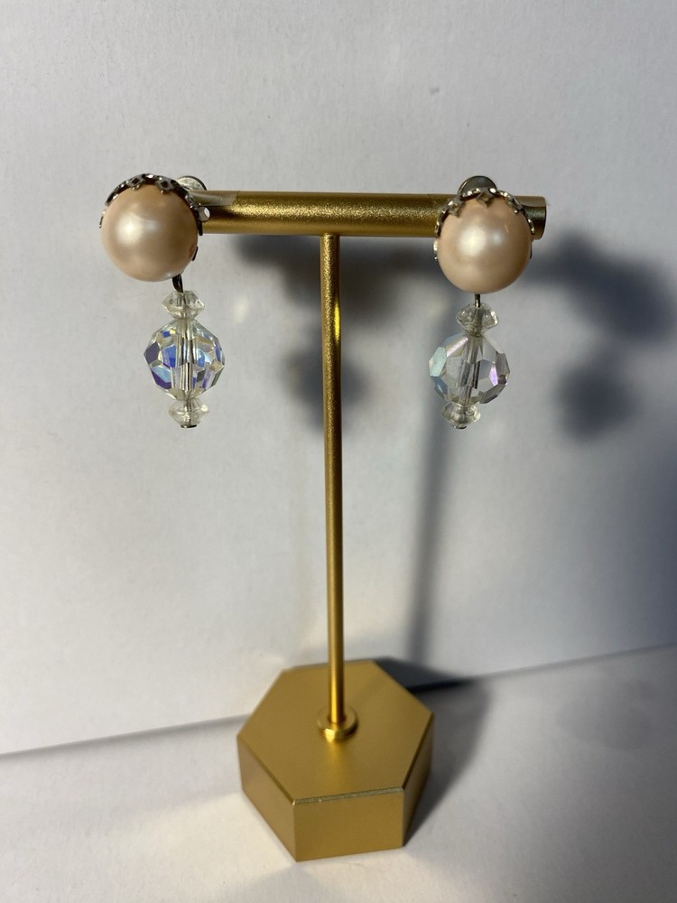 Vintage Pair Champagne Pearl Clear AB Faceted Beaded Dangle Screw Back Earrings