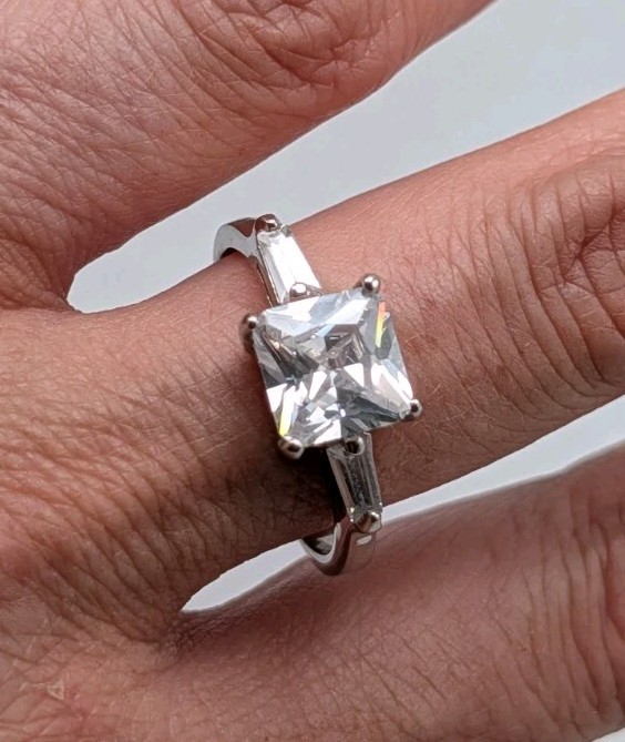 Vintage Silver Plated & CZ Princess Cut & Baguette Engagement Style Ring Sz 9.75