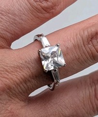 Vintage Silver Plated & CZ Princess Cut & Baguette Engagement Style Ring Sz 9.75