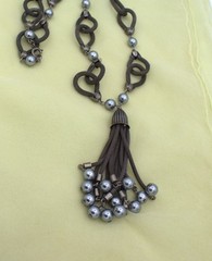 Gun Metal Link Woven Chain Link Gray Faux Pearl Fringe Long Pendant Necklace