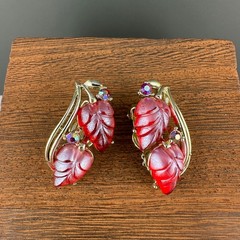 Vintage Rhinestone Flower Earrings Magenta Pink AB Crystal Leaf Climber Signed