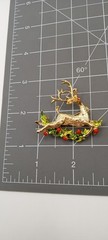 Flying Rudolph Reindeer Brooch, Gerrys brand, Gold tone enameled holly branches