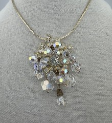 Vintage AB Glass Crystal & Clear Rhinestone Dangle Pendant Brooch &Gold Necklace