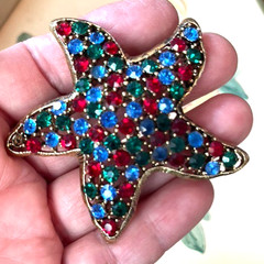 Vintage WEISS signed Red, Green, Blue Colored Starfish Crystal Rhinestone Brooch