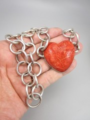 UNUSUAL SOUTHWESTERN STERLING SILVER HORN CORAL HEART STATEMENT NECKLACE 106G