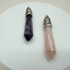 Vintage Silver Tone Amethyst Rose Quartz Crystal Pendant Lot – 2pc
