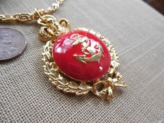 Vintage NOS Quality Nautical red enamel gt Anchor Crown necklace earring set D62