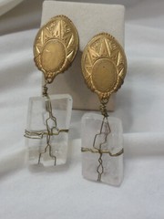 Vintage Clip On EARRINGS Clear Rock Crystal Stone Drop / Dangle GOLD TONE