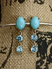 Vintage turquoise cabochon with blue crystals dangle drop clip-on earrings